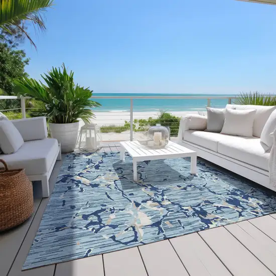 Denim Blue Dark Blue And Ivory Striped Washable Indoor Outdoor Area Rug Photo 9