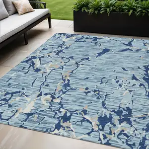 Photo of Denim Blue Dark Blue And Ivory Striped Washable Indoor Outdoor Area Rug
