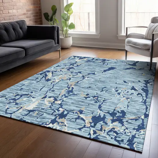 Denim Blue Dark Blue And Ivory Striped Washable Indoor Outdoor Area Rug Photo 8