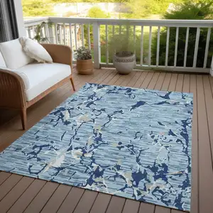 Photo of Denim Blue Dark Blue And Ivory Striped Washable Indoor Outdoor Area Rug