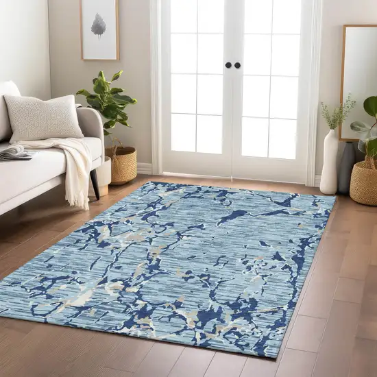 Denim Blue Dark Blue And Ivory Striped Washable Indoor Outdoor Area Rug Photo 9