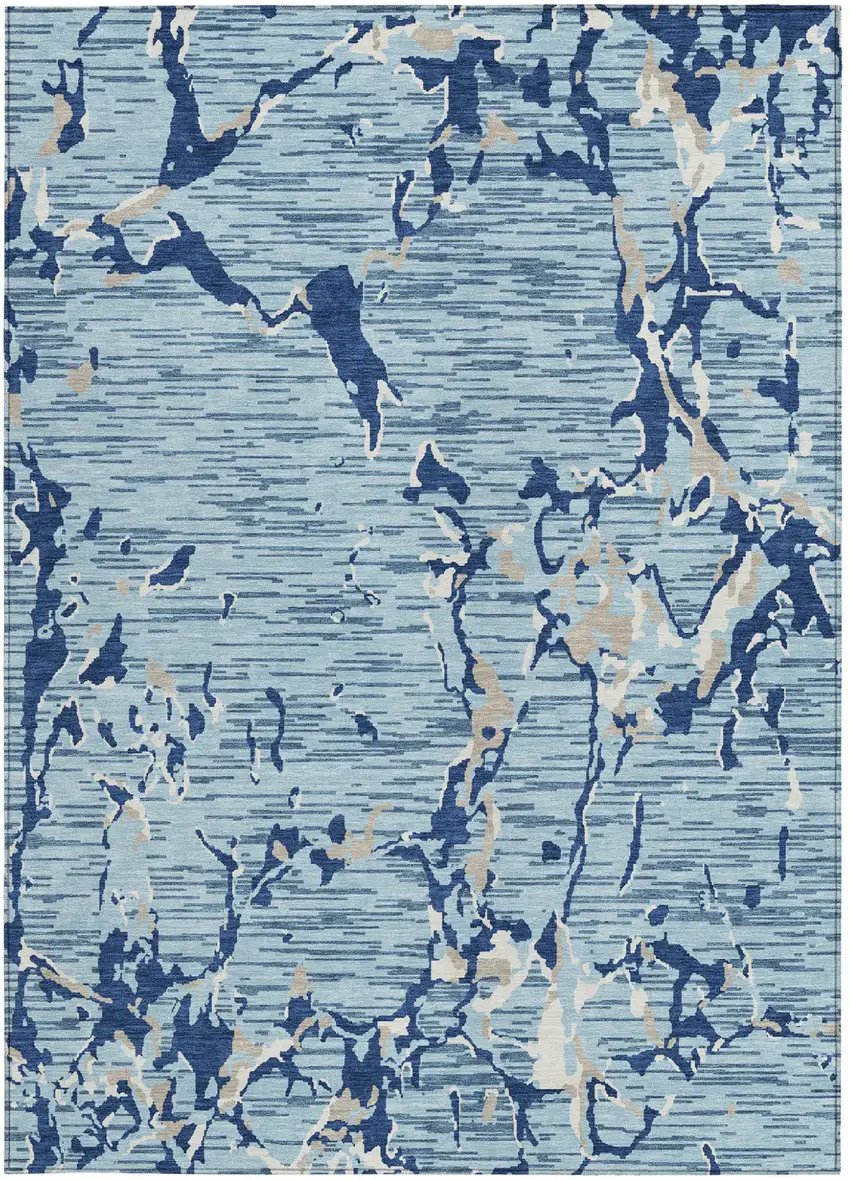 Denim Blue Dark Blue And Ivory Striped Washable Indoor Outdoor Area Rug Photo 6