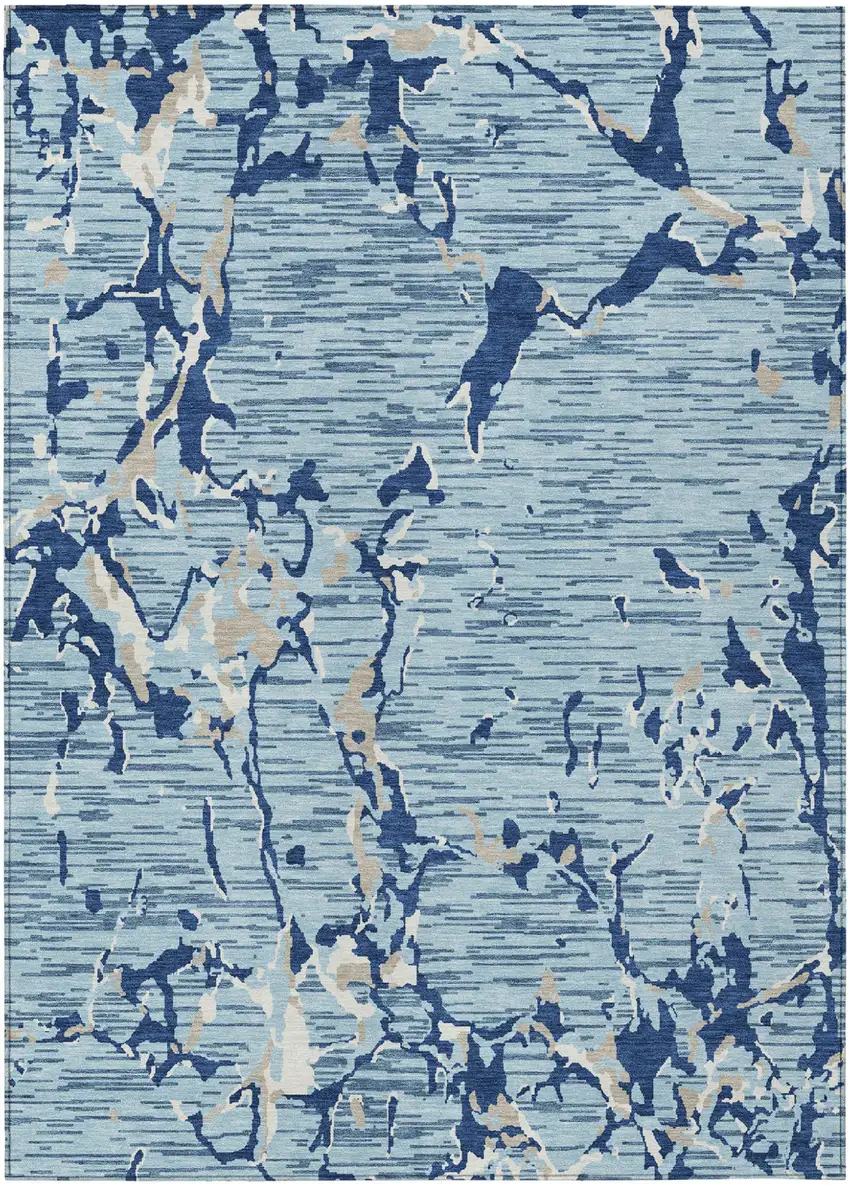 Denim Blue Dark Blue And Ivory Striped Washable Indoor Outdoor Area Rug Photo 2