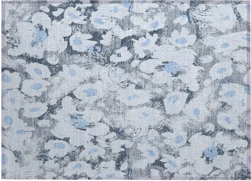 Denim Blue Floral Washable Non Skid Indoor Outdoor Area Rug Photo 2