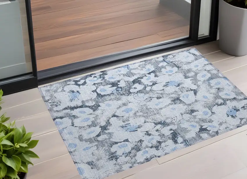 Denim Blue Floral Washable Non Skid Indoor Outdoor Area Rug Photo 1