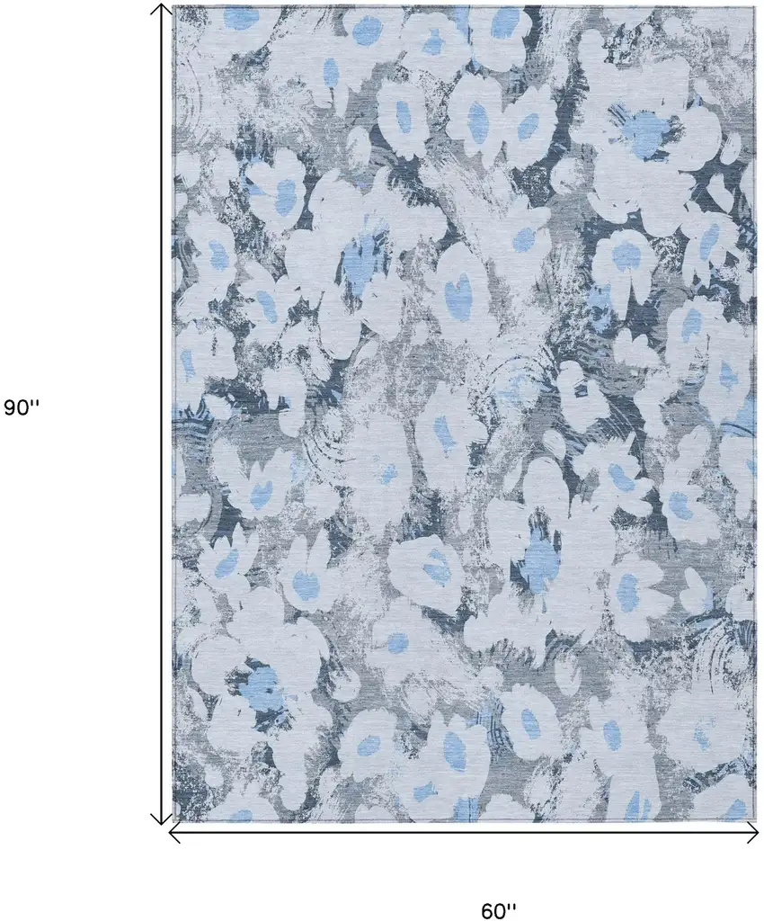 Denim Blue Floral Washable Non Skid Indoor Outdoor Area Rug Photo 3