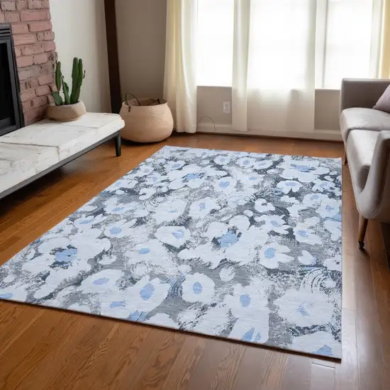 Denim Blue Floral Washable Non Skid Indoor Outdoor Area Rug Photo 9