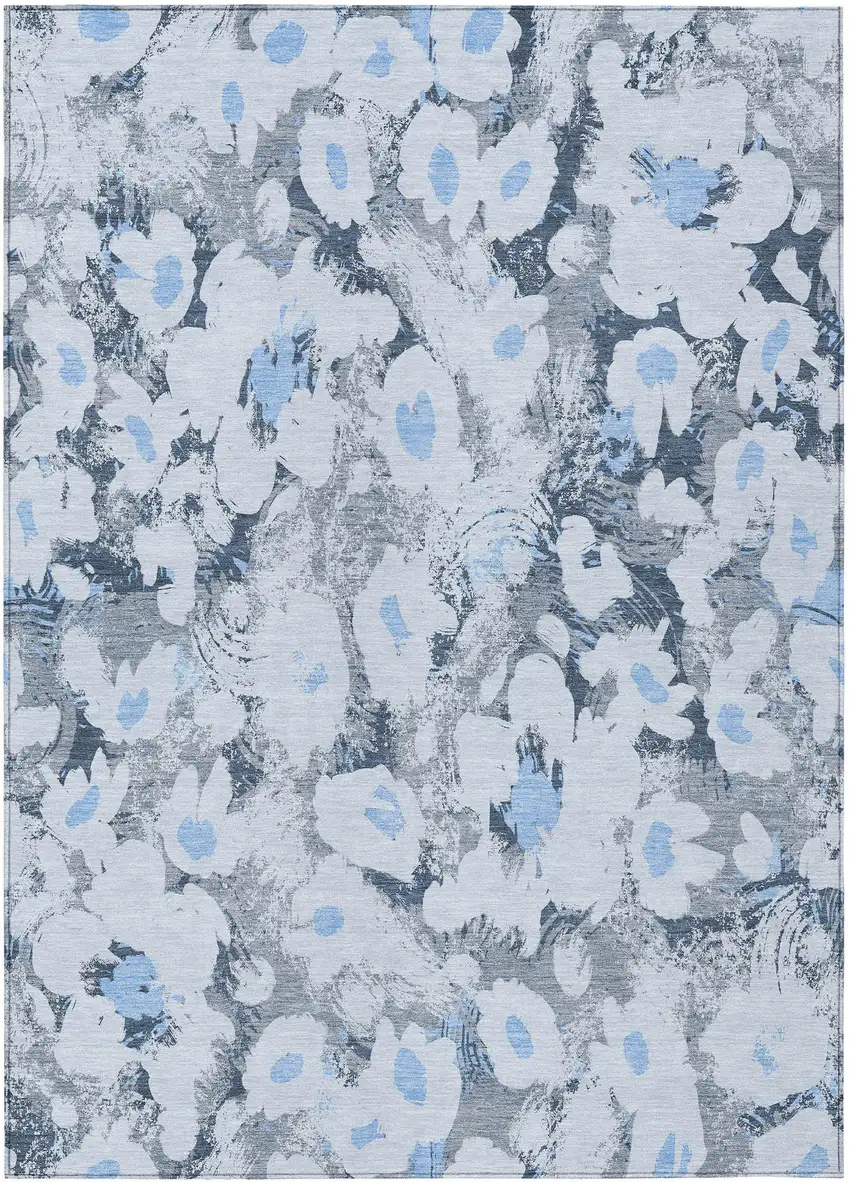 Denim Blue Floral Washable Non Skid Indoor Outdoor Area Rug Photo 2