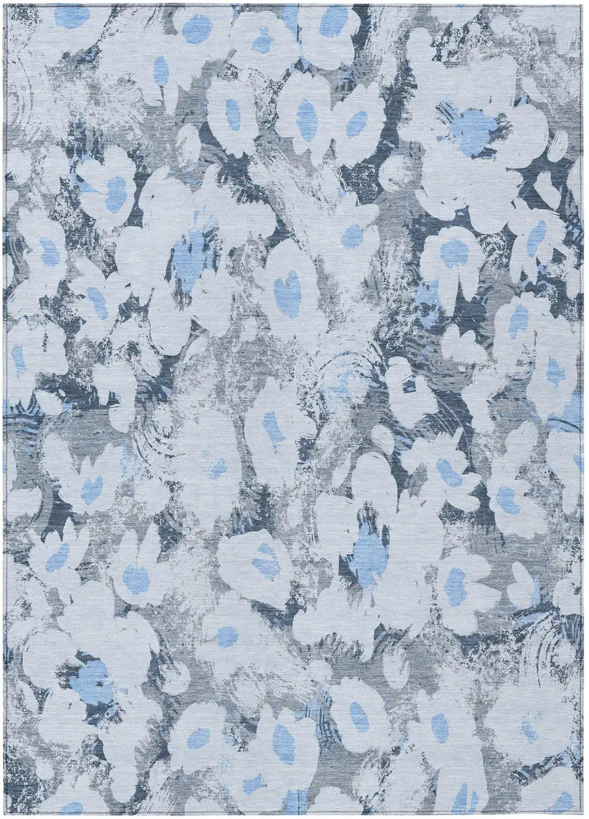 Denim Blue Floral Washable Non Skid Indoor Outdoor Area Rug Photo 2