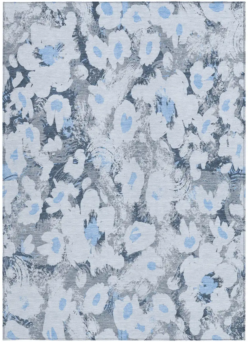 Denim Blue Floral Washable Non Skid Indoor Outdoor Area Rug Photo 4