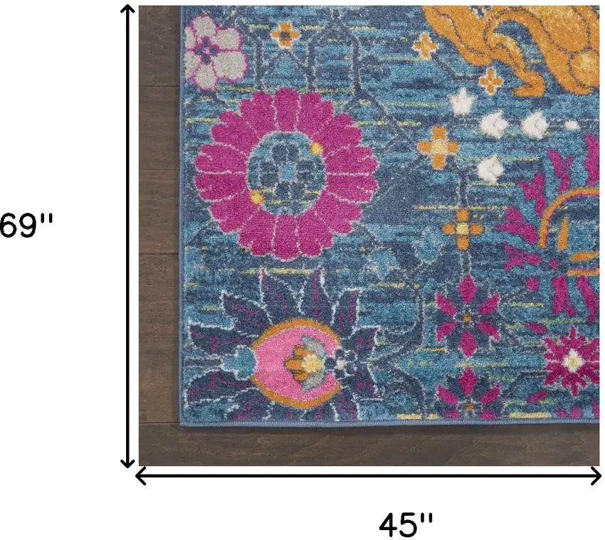 Blue And Orange Floral Distressed Area Rug Photo 9
