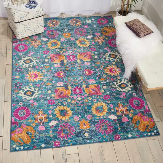 Blue And Orange Floral Distressed Area Rug Photo 4