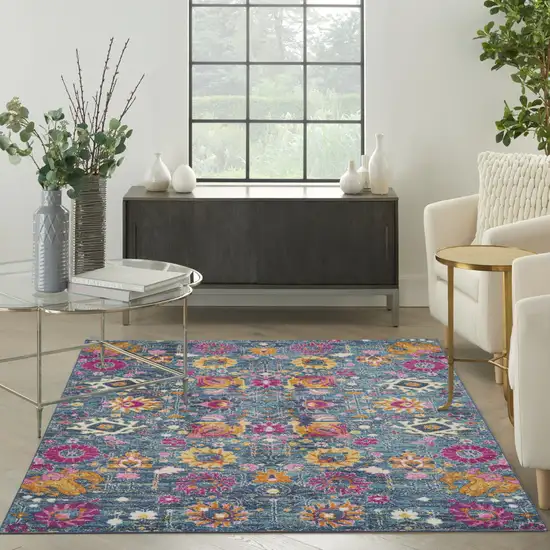 Blue And Orange Floral Distressed Area Rug Photo 5