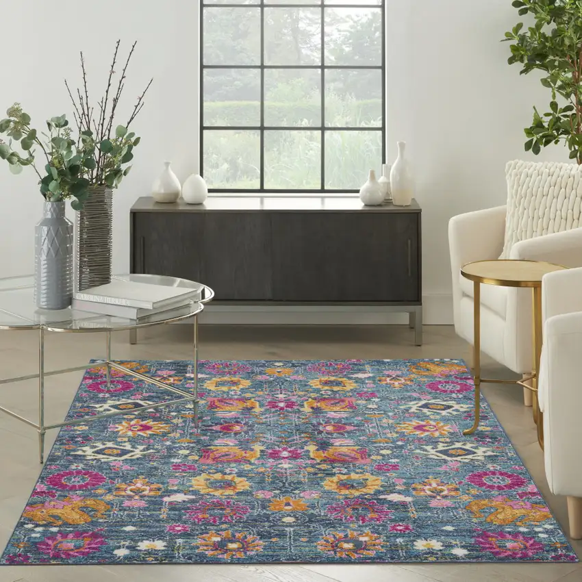 Blue And Orange Floral Distressed Area Rug Photo 5