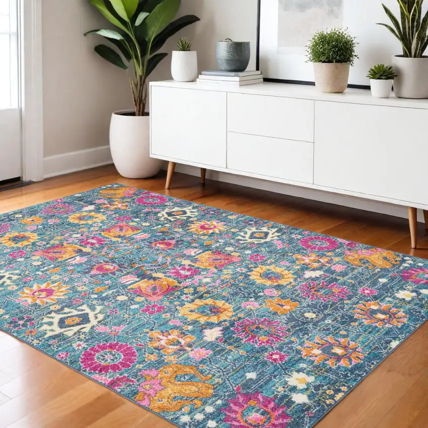 Blue And Orange Floral Distressed Area Rug Photo 2
