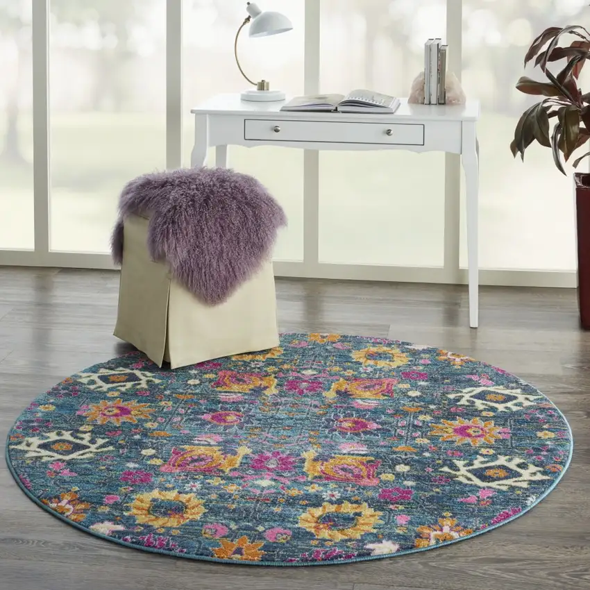 4' Blue And Orange Round Floral Power Loom Area Rug Photo 5