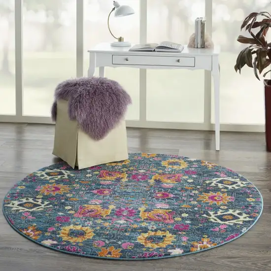 4' Blue And Orange Round Floral Power Loom Area Rug Photo 5