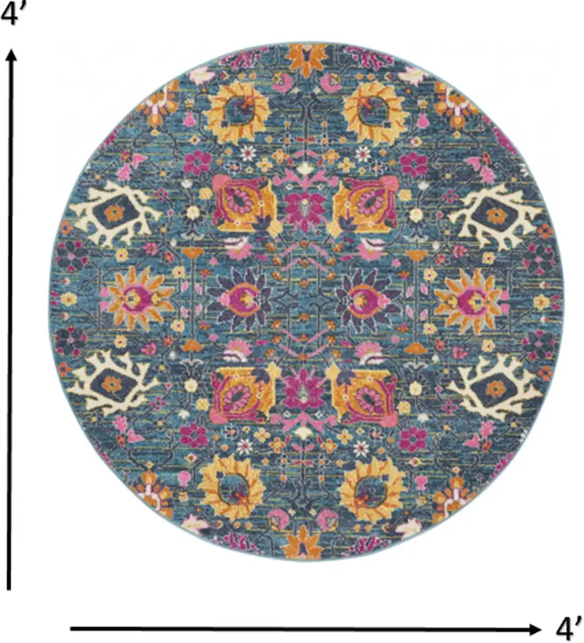 4' Blue And Orange Round Floral Power Loom Area Rug Photo 6