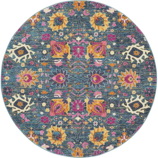 4' Blue And Orange Floral Distressed Round Rug Photo 6