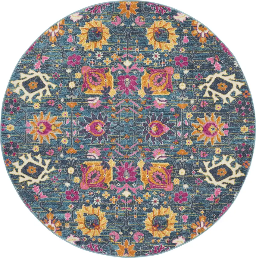 4' Blue And Orange Floral Distressed Round Rug Photo 6