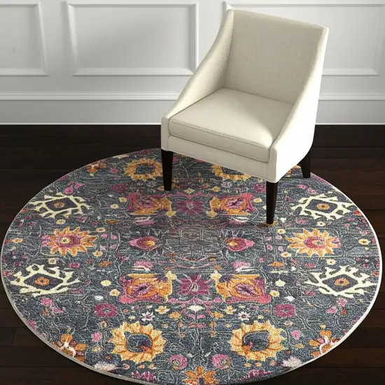 4' Blue And Orange Floral Distressed Round Rug Photo 2