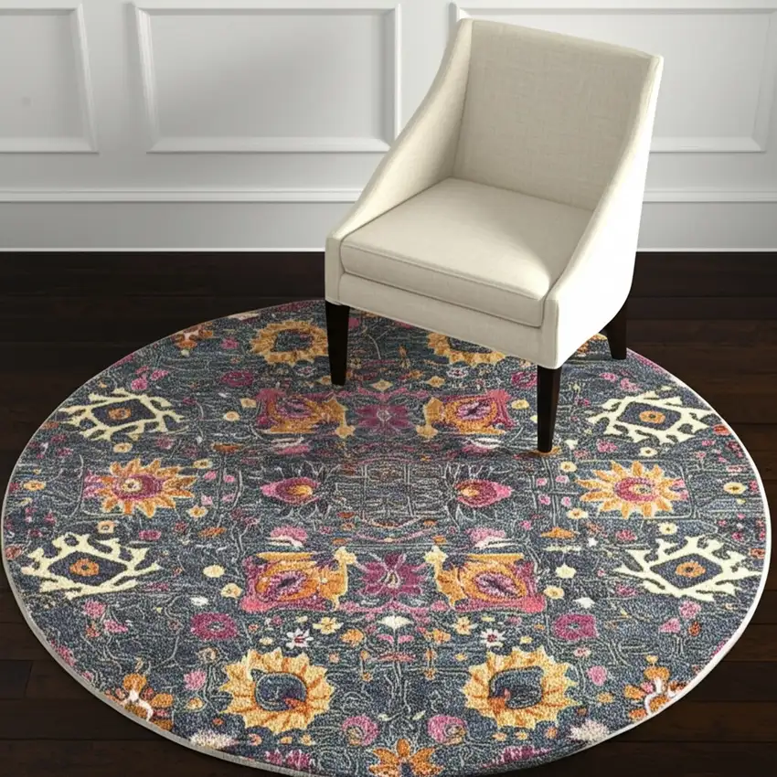 4' Blue And Orange Floral Distressed Round Rug Photo 2