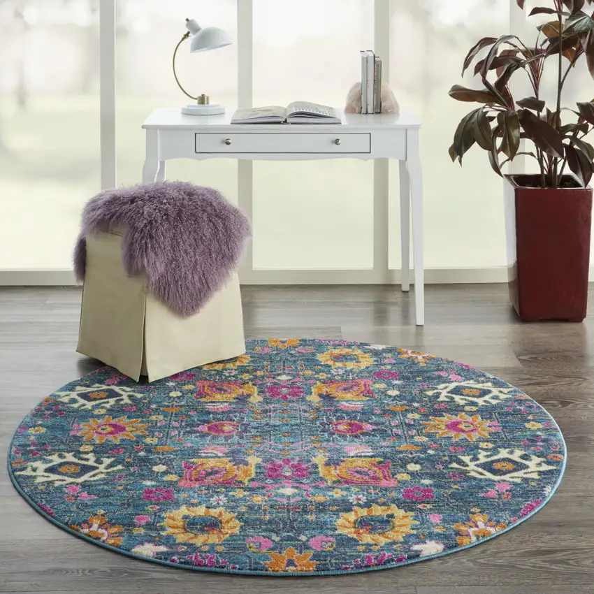 4' Blue And Orange Floral Distressed Round Rug Photo 4