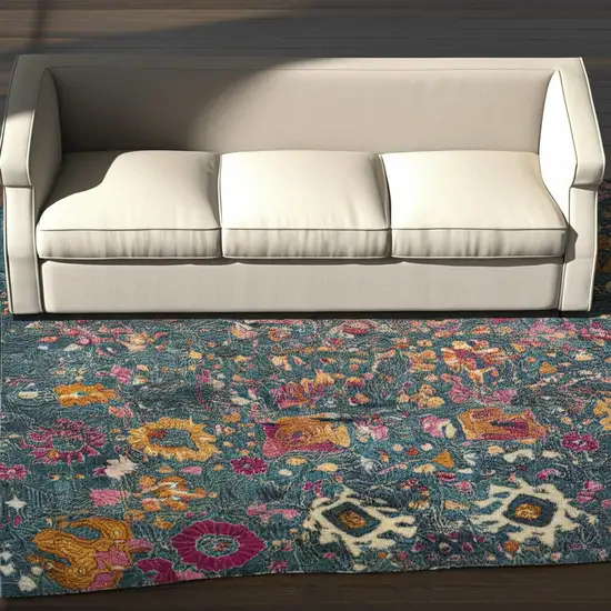 Blue And Orange Floral Distressed Area Rug Photo 2