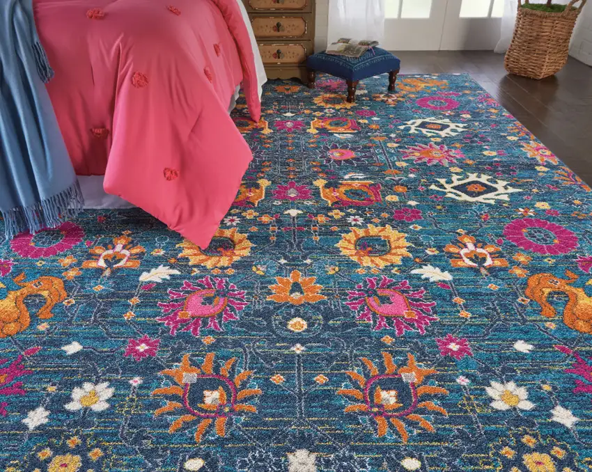 Blue And Orange Floral Distressed Area Rug Photo 9