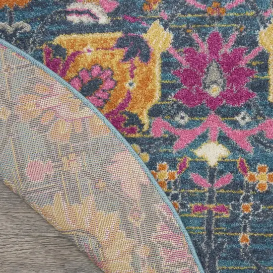5' Blue And Orange Floral Distressed Round Rug Photo 9