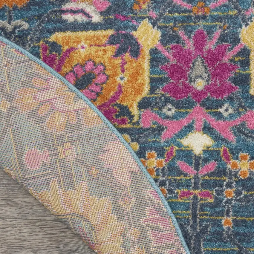 5' Blue And Orange Floral Distressed Round Rug Photo 9