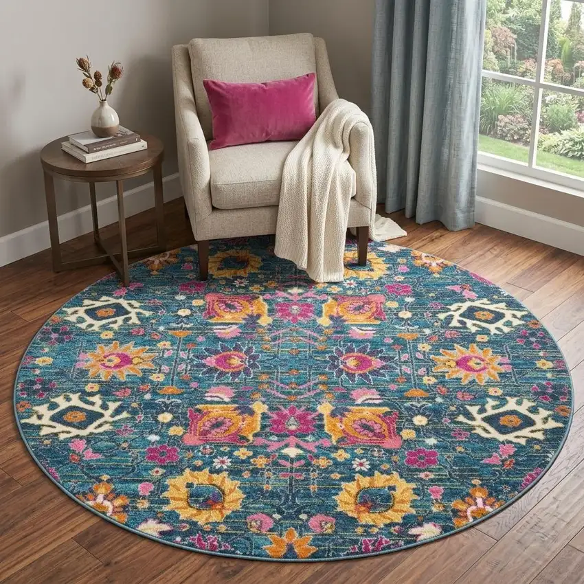 5' Blue And Orange Floral Distressed Round Rug Photo 1