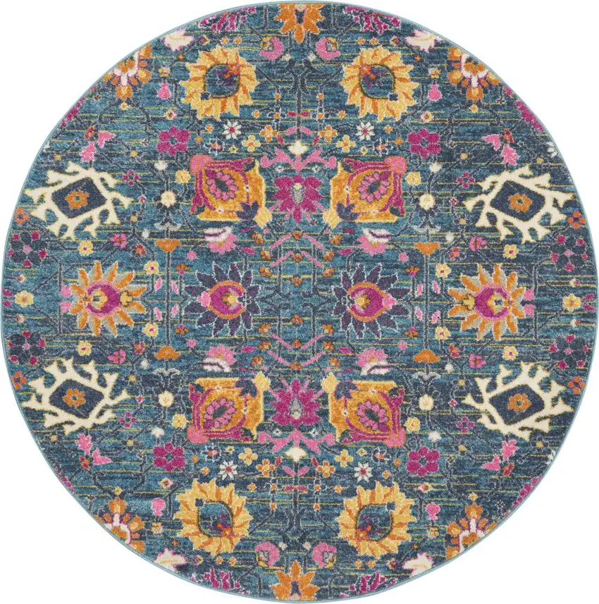 5' Blue And Orange Round Floral Power Loom Area Rug Photo 4
