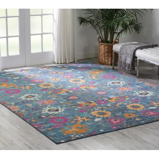 Blue And Orange Floral Distressed Area Rug Photo 5