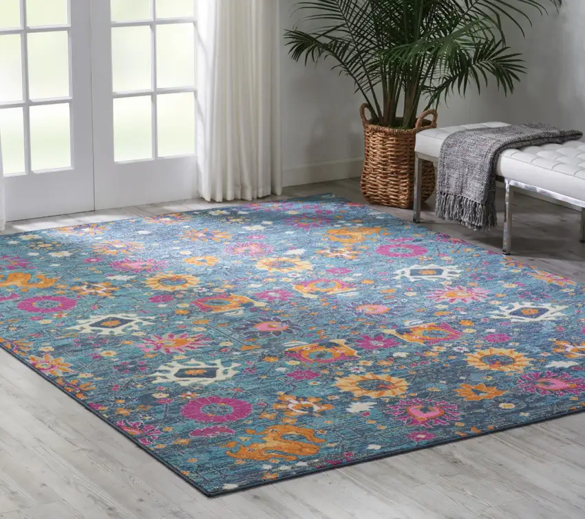 Blue And Orange Floral Distressed Area Rug Photo 5