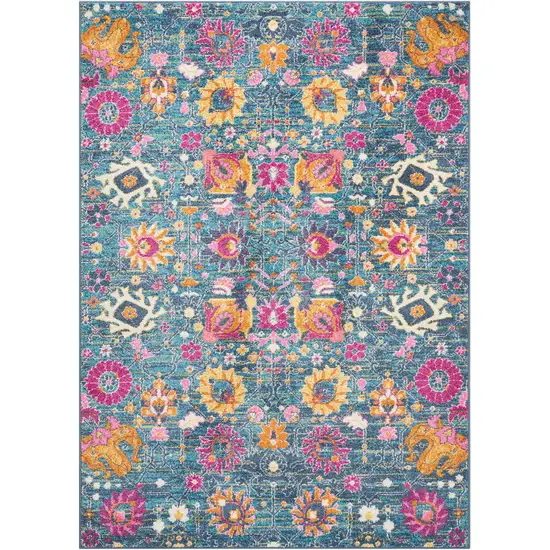 Blue And Orange Floral Distressed Area Rug Photo 1