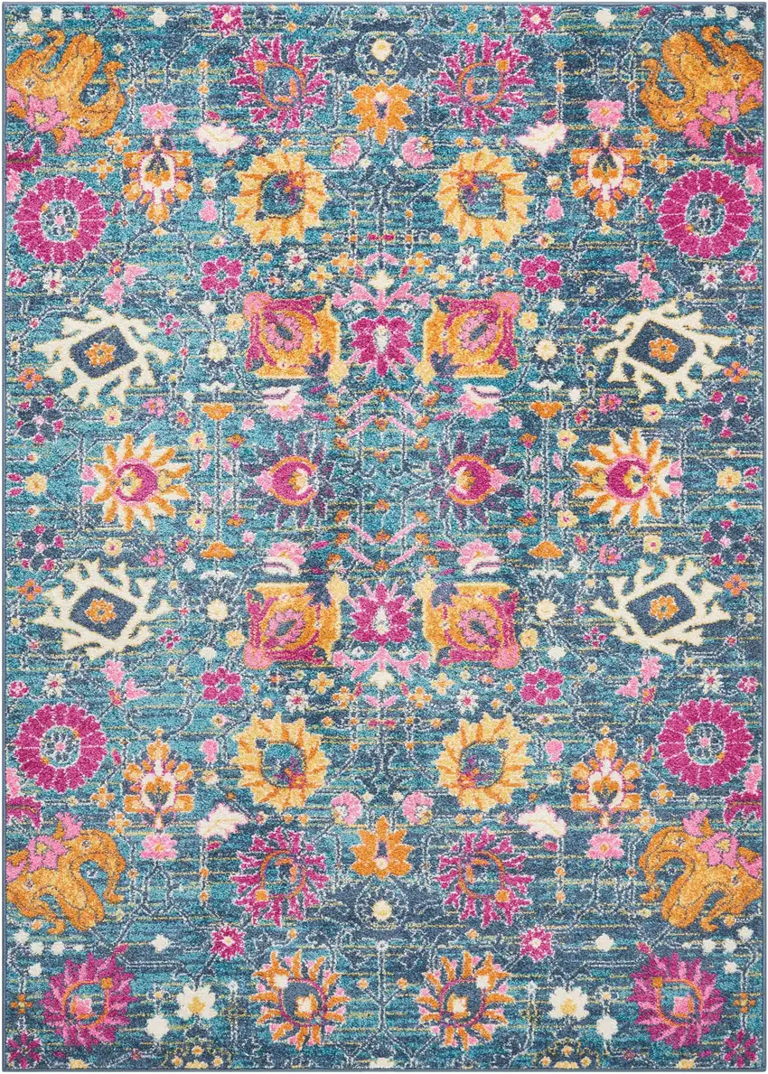 Blue And Orange Floral Distressed Area Rug Photo 1