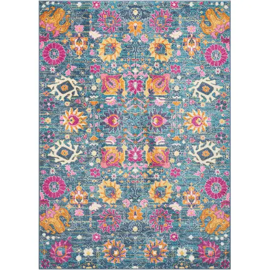 Blue And Orange Floral Distressed Area Rug Photo 7