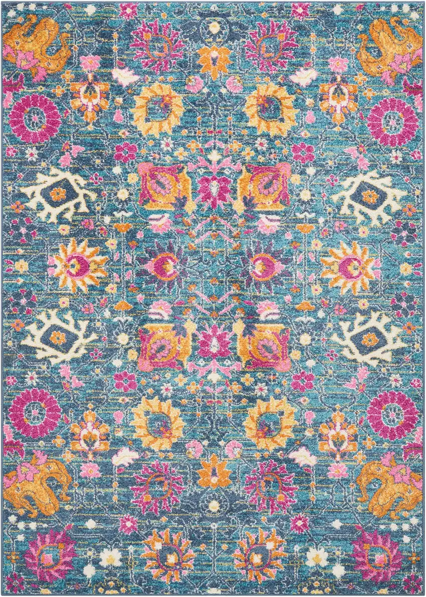 Blue And Orange Floral Distressed Area Rug Photo 7