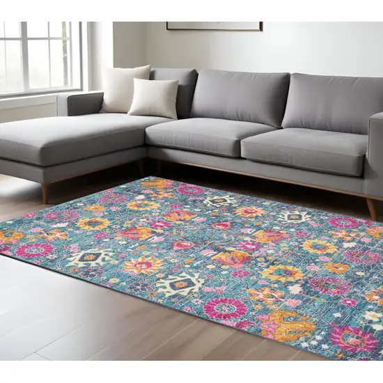 Blue And Orange Floral Distressed Area Rug Photo 2