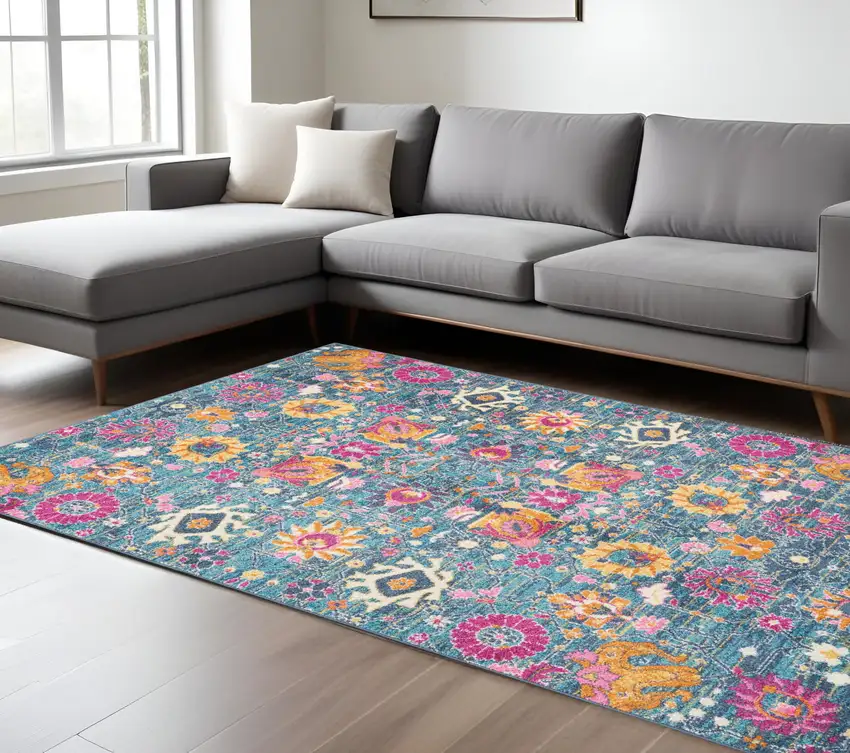 Blue And Orange Floral Distressed Area Rug Photo 2