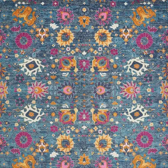 Blue And Orange Floral Distressed Area Rug Photo 3