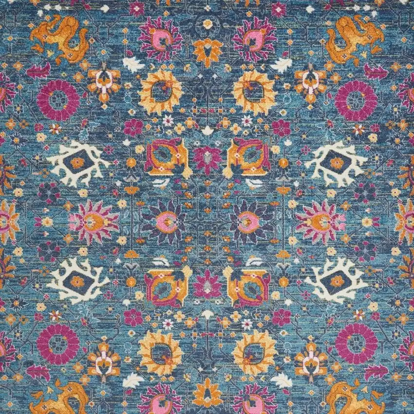 Blue And Orange Floral Distressed Area Rug Photo 3