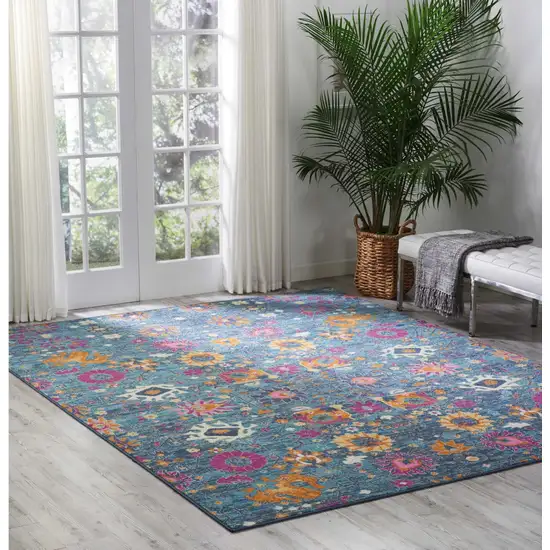 Denim Blue Florals Distressed Area Rug Photo 5