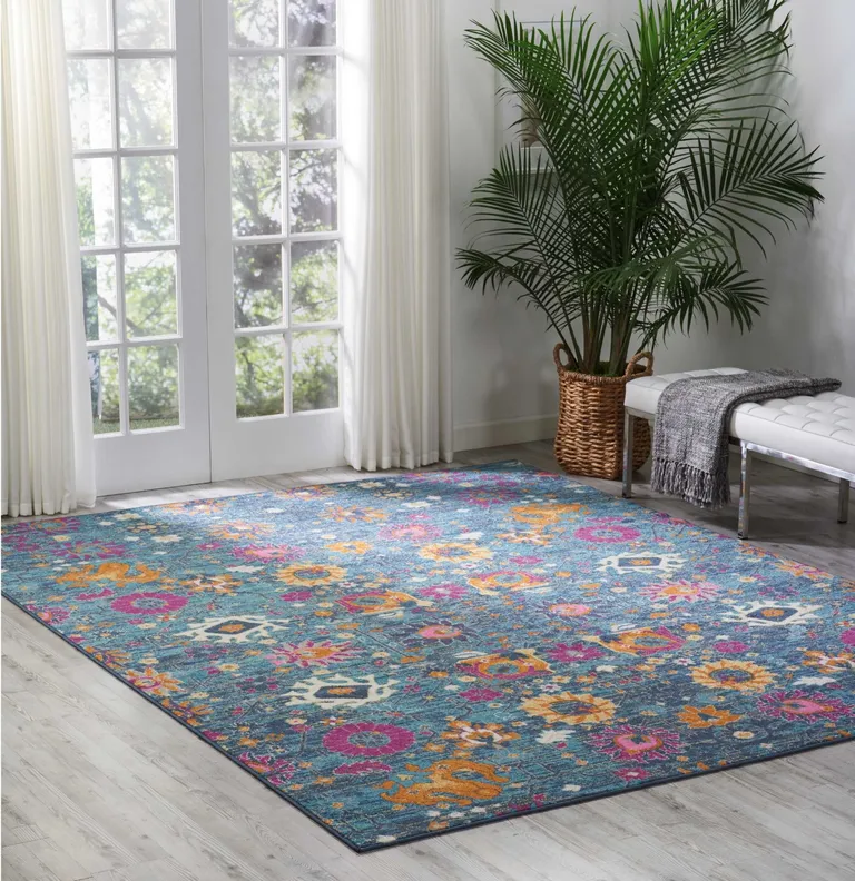 Denim Blue Florals Distressed Area Rug Photo 5