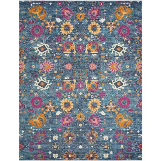 Blue And Orange Floral Distressed Area Rug Photo 4