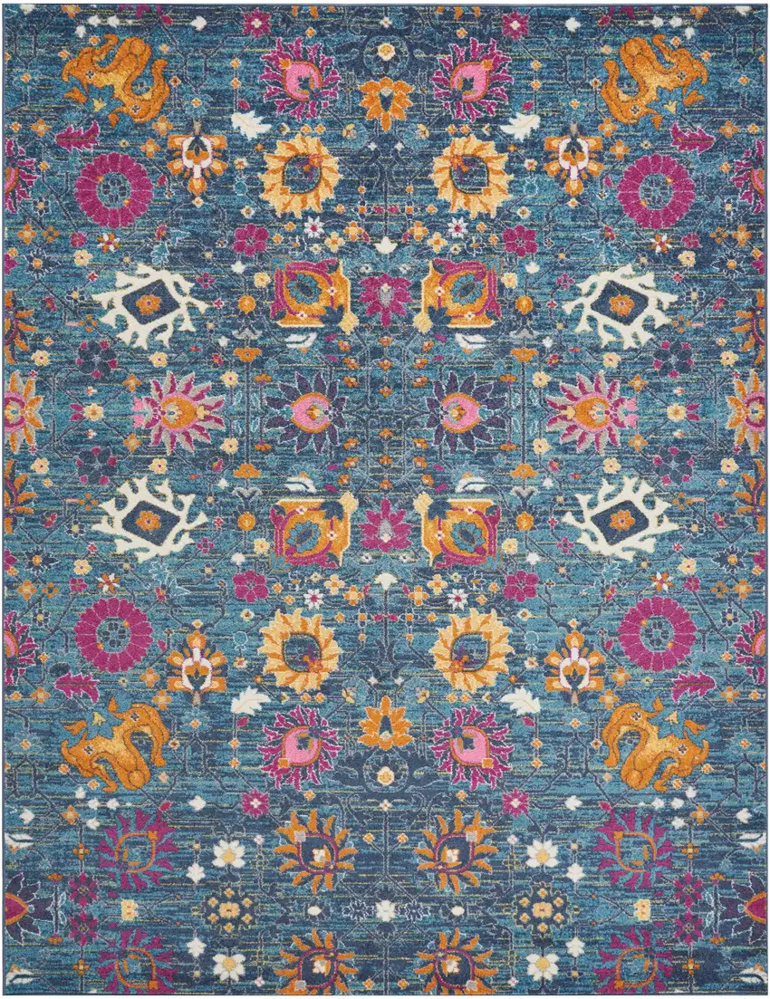 Blue And Orange Floral Distressed Area Rug Photo 4