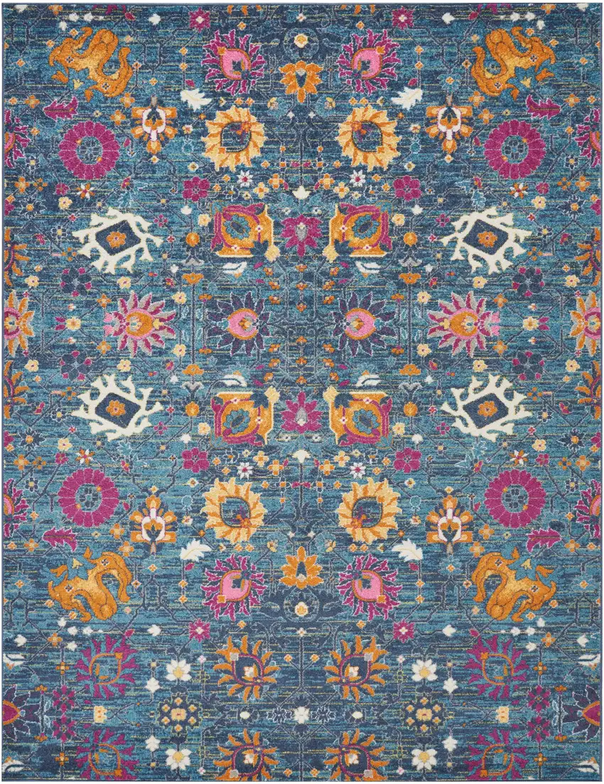 Blue And Orange Floral Distressed Area Rug Photo 7