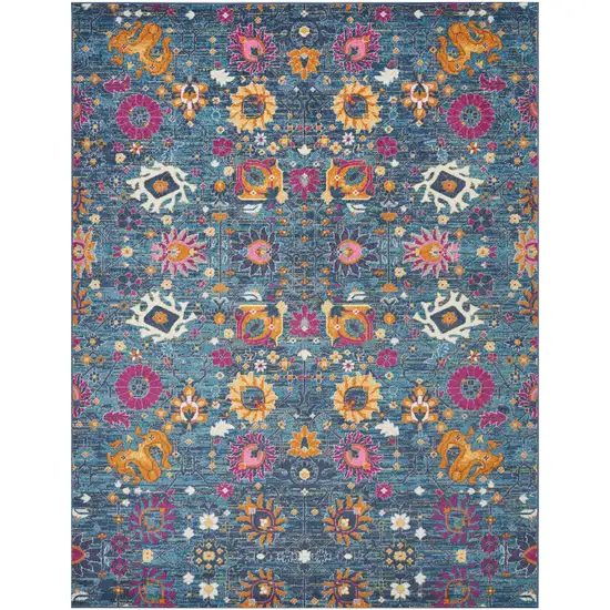 Blue And Orange Floral Distressed Area Rug Photo 7