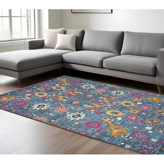 Blue And Orange Floral Distressed Area Rug Photo 2